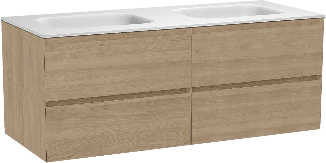 Balmani Mitra zwevend badkamermeubel 135 x 55 cm natuur eik met Tablo Arcato dubbele wastafel in solid surface mat wit