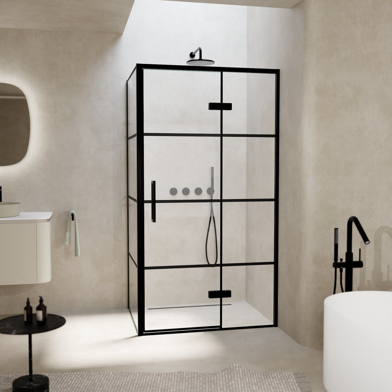 Balmani Senses Design Eckdusche: Drehtür (Rechts) mit fixierte Seitenwand, 100 x 80 cm, Lined, Profil Schwarz, inklusive Coating