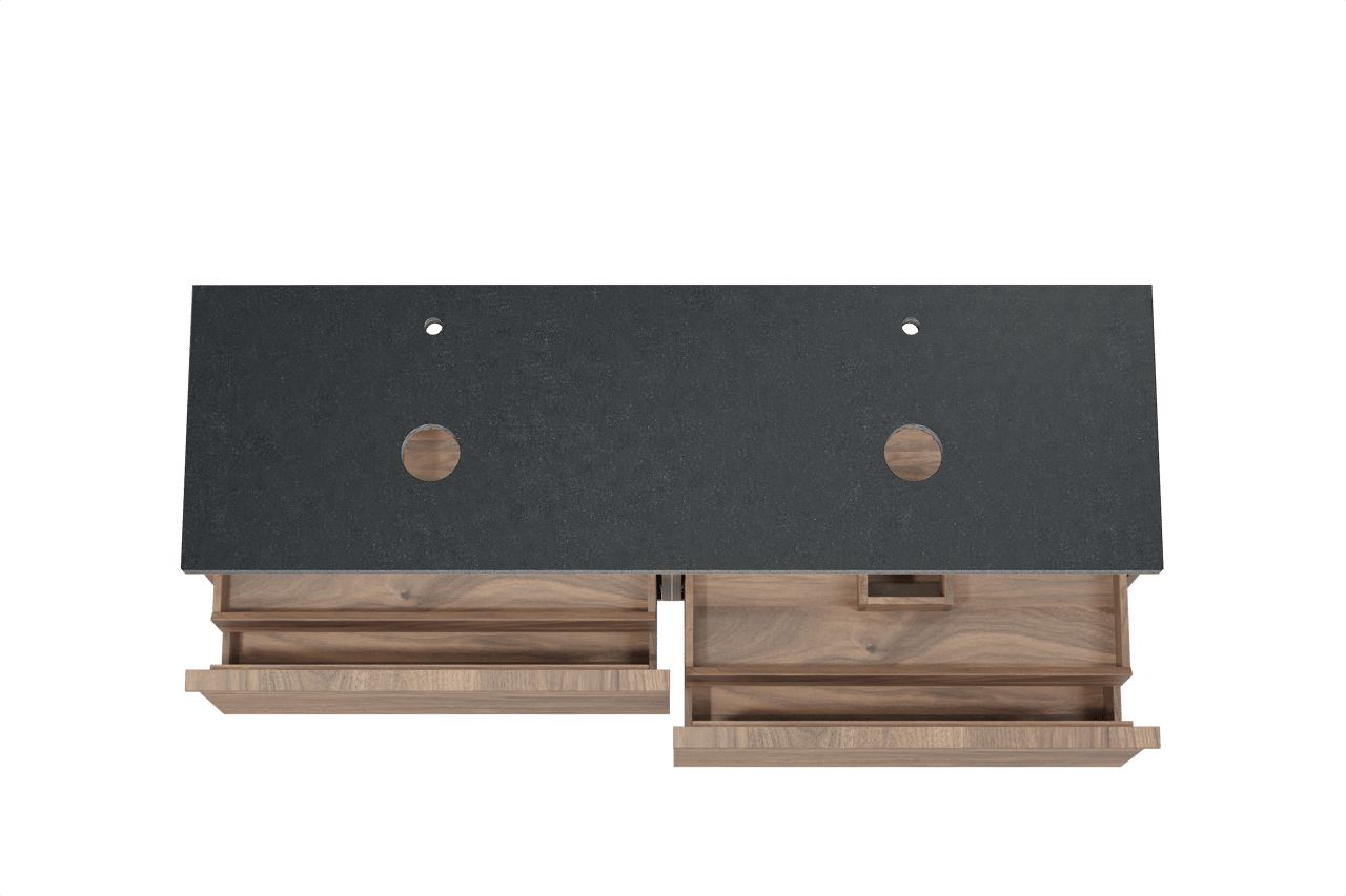 Balmani Forma zwevend badmeubel 180 x 55 cm amerikaans notenhout met Rock dubbel wastafelblad in zwart graniet, Horizontale symmetrische rechte ribbel