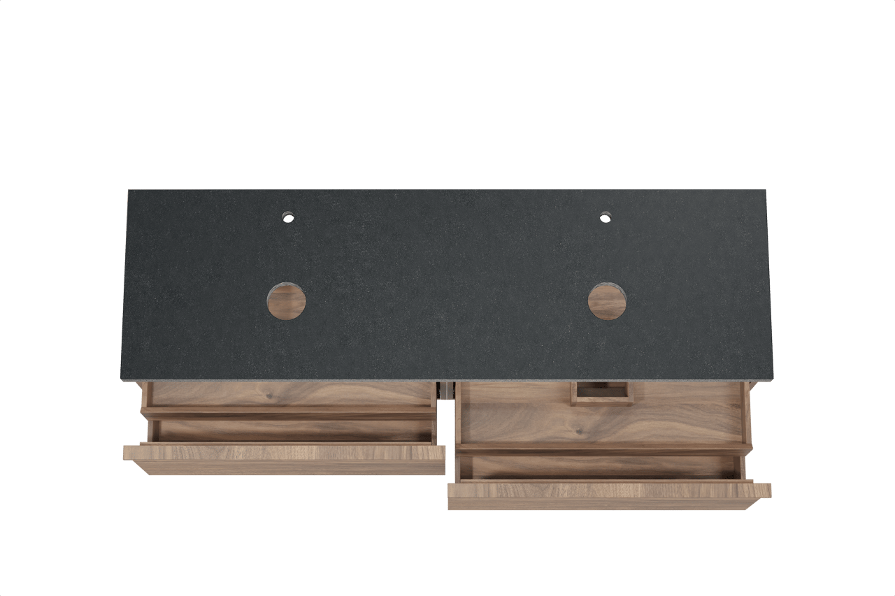 Balmani Forma zwevend badkamermeubel 180 x 55 cm amerikaanse notelaar met Rock dubbel tablet in graniet zwart, Horizontale symmetrische rechte ribbel