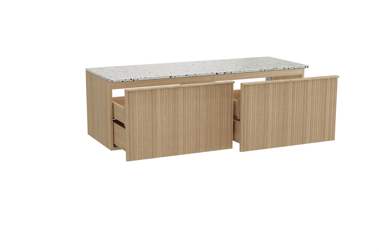 Balmani Forma meuble salle de bains suspendu 150 x 55 cm chêne naturel avec Stretto tablette simple ou double en blanc/noir mat terrazzo, Nervure circulaire asymétrique verticale