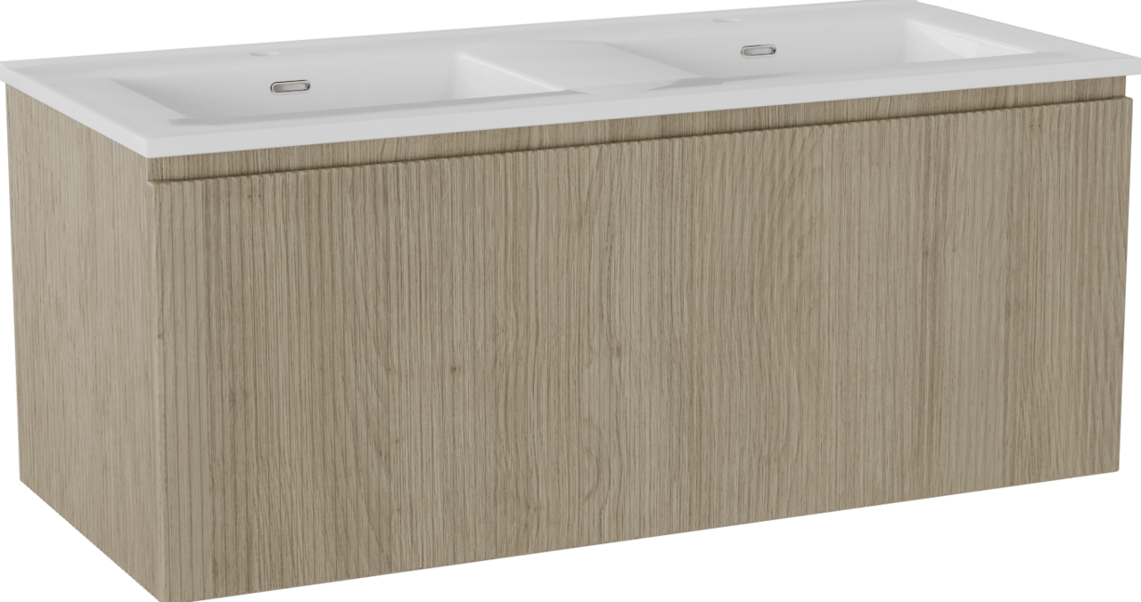 Storke Ribs meuble salle de bains suspendu 120 x 52 cm chêne brut avec Kera double vasque en céramique blanc mat