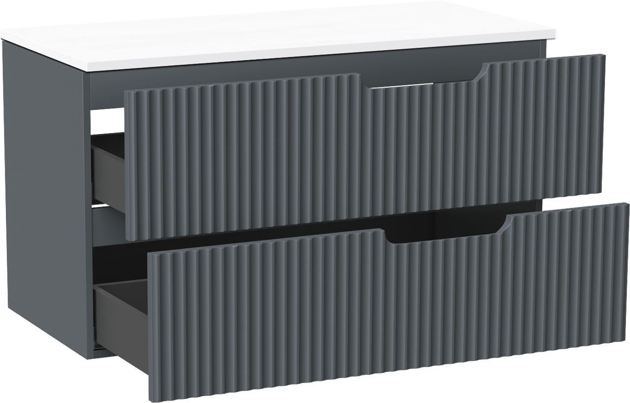 Linie Ribbo meuble salle de bains suspendu 100 x 46 cm bleu anthracite avec Lado tablette simple ou double en marbre composite blanc brillant, Nervure circulaire symétrique verticale