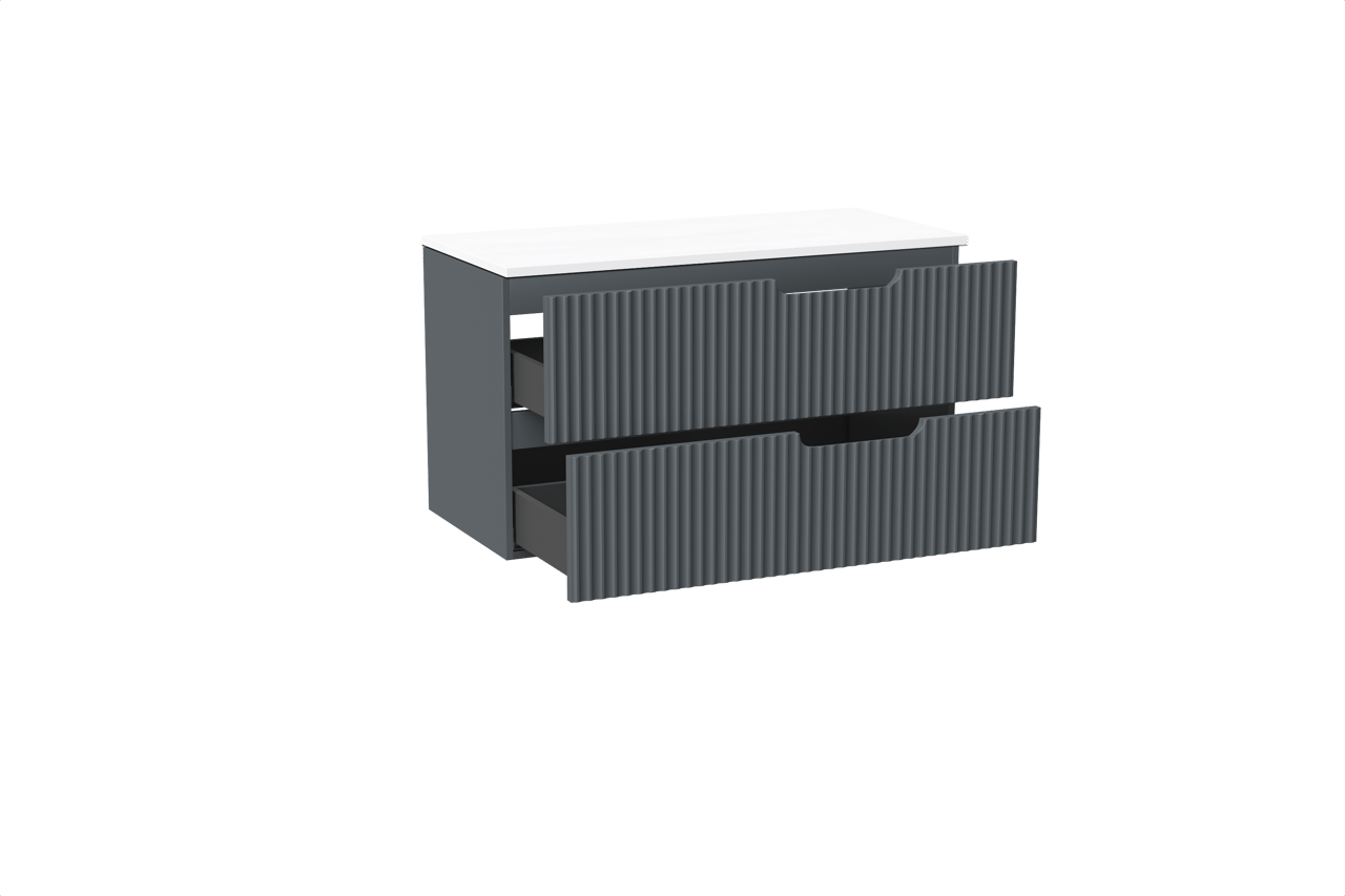 Linie Ribbo meuble salle de bains suspendu 100 x 46 cm bleu anthracite avec Lado tablette simple ou double en marbre composite blanc brillant, Nervure circulaire symétrique verticale