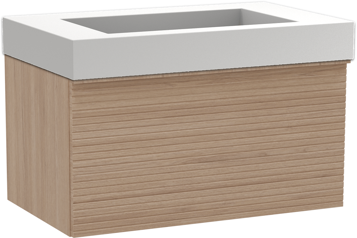 Balmani Forma hängendes Möbelstück Set: 90 x 55 cm, Naturbelassene Eiche, mit Modus Einzelwaschtisch, Solid Surface, Weiß matt, Horizontale symmetrische gerade Rippe