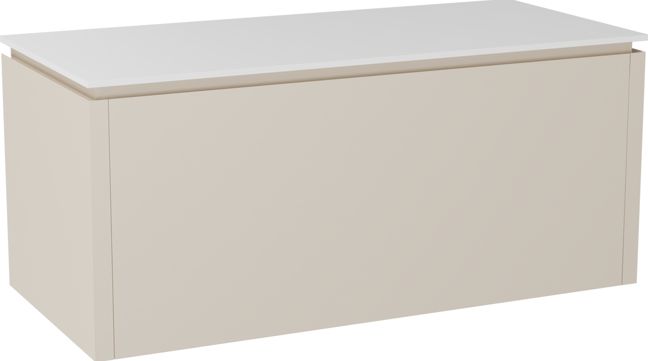 Balmani Eclips meuble salle de bains suspendu 120 x 55 cm Sandbeige avec Stretto tablette simple ou double vasque en Solid Surface blanc mat