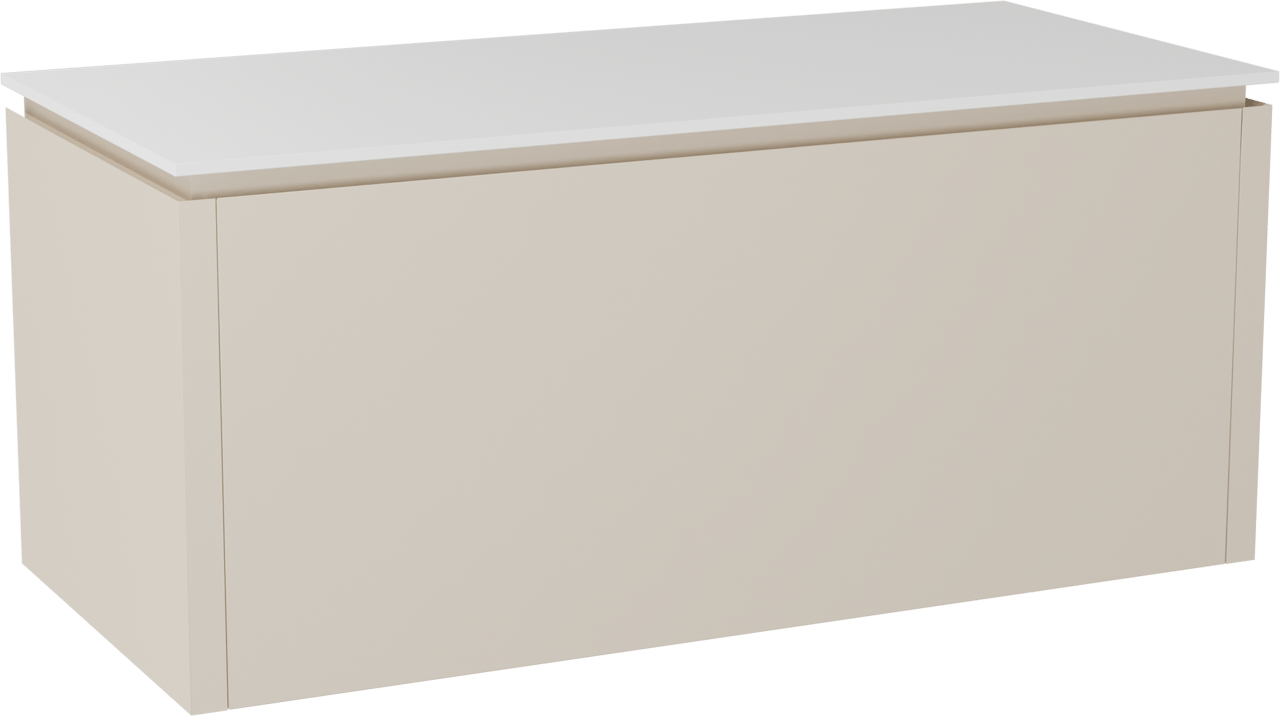 Balmani Eclips meuble salle de bains suspendu 120 x 55 cm Sandbeige avec Stretto tablette simple ou double en Solid Surface blanc mat