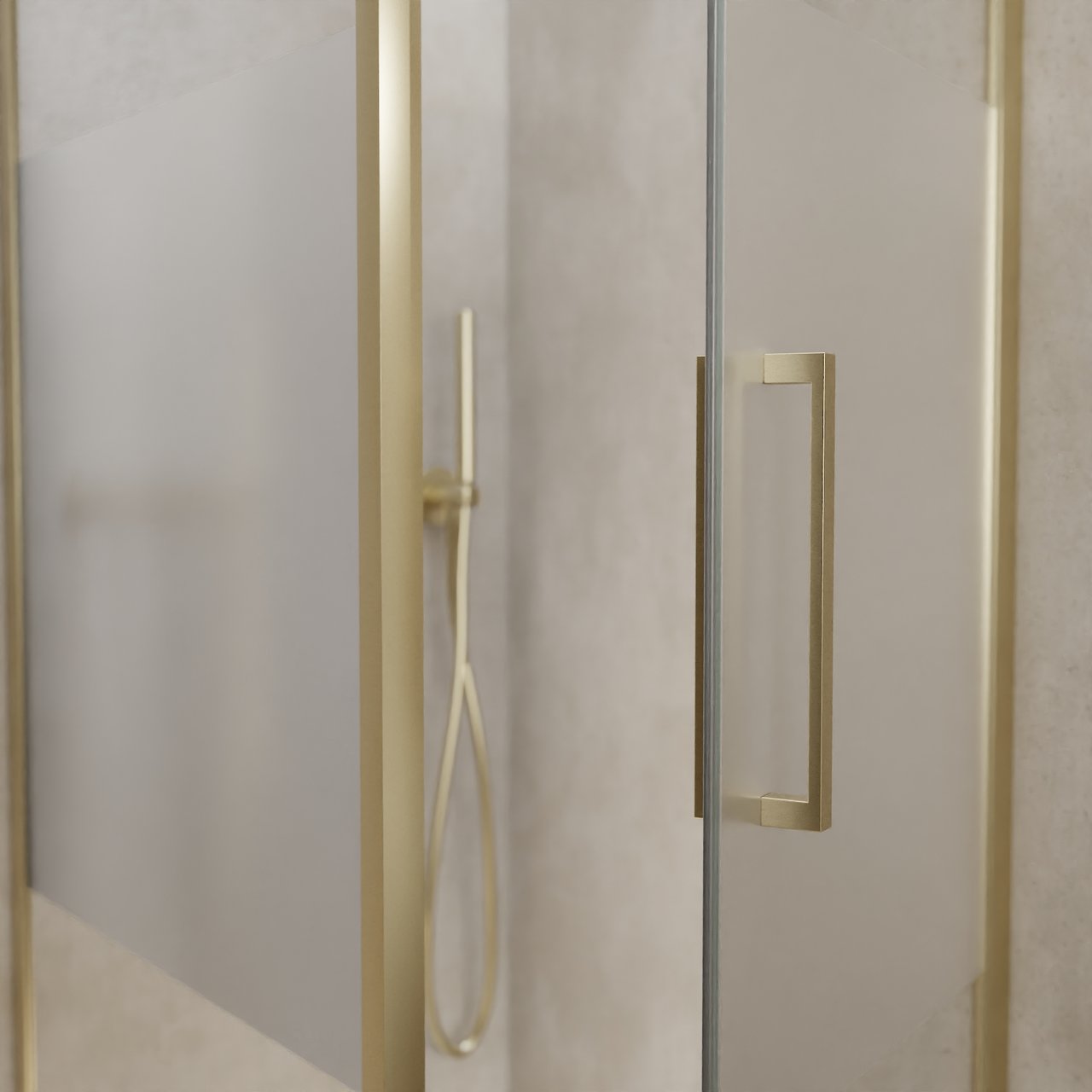 Balmani Senses Design douche en coin avec porte pivotante à droite et paroi latérale fixe, 90 x 90 cm, Verre transparent avec bande matte, Profil Brushed Champagne Gold