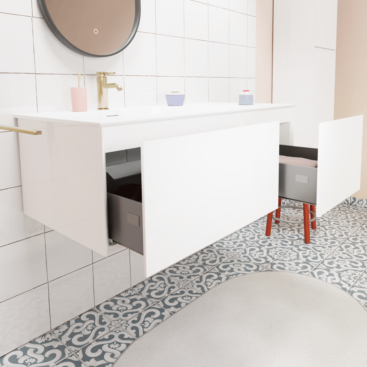 Storke Edge hängendes Möbelstück Set: 110 x 52 cm, Weiß glänzend, mit Mata Waschtisch links, Solid Surface Weiß matt