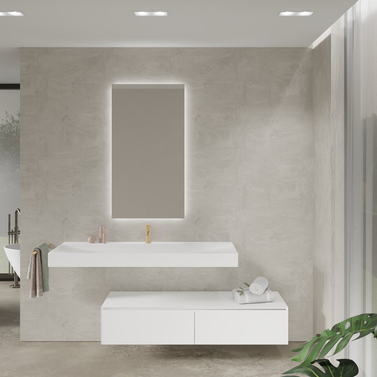 Balmani Mitra Elements zwevend badkamermeubel 150 x 55 cm mat wit met Wave enkele wastafel voor 2 kraangaten in solid surface mat wit