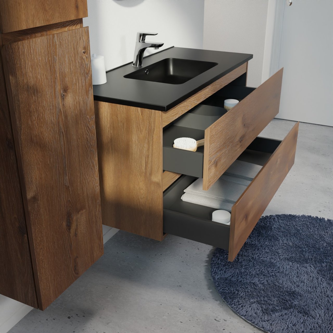 Linie Lado hängendes Möbelstück Set: 100 x 46 cm, Braune Eiche, mit Vano Einzelwaschtisch, Marmorkomposit Schwarz matt