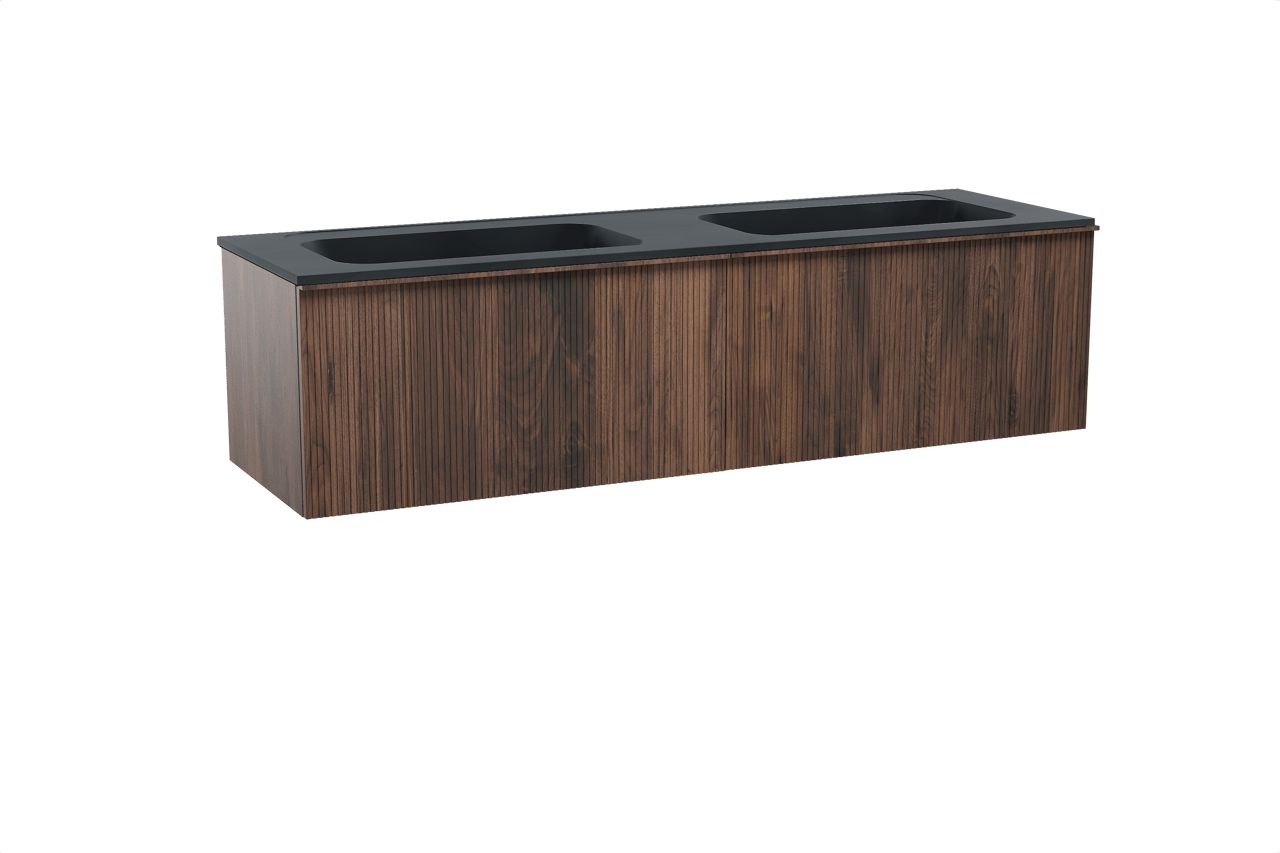 Balmani Forma meuble salle de bains suspendu 180 x 55 cm noyer américain avec Tablo Strada double vasque en marbre composite noir mat, Nervure droite symétrique verticale