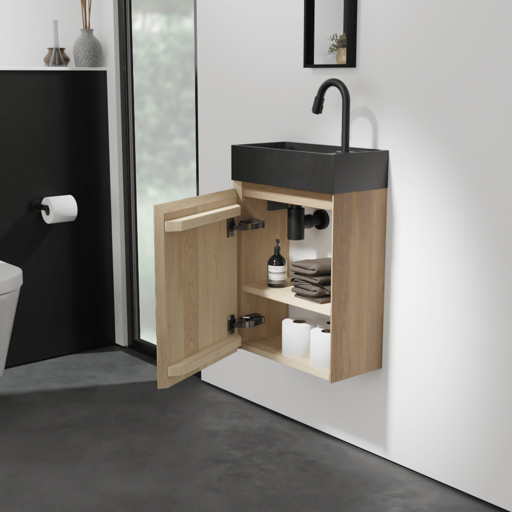Balmani Mitra meuble wc suspendu 42 x 21 cm chêne naturel avec Dama lavabo en granite aiguisé