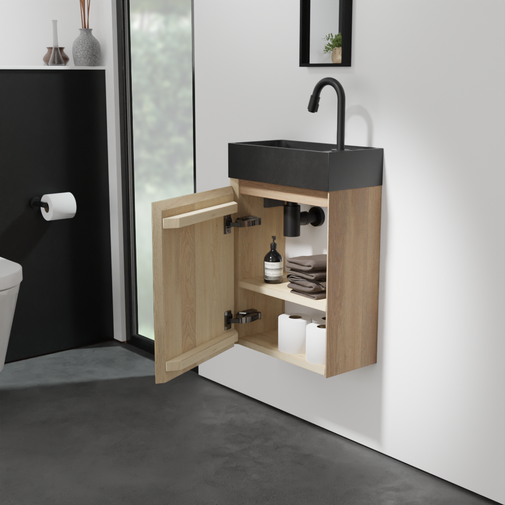 Balmani Mitra meuble wc suspendu 42 x 21 cm chêne naturel avec Dama lavabo en granite aiguisé