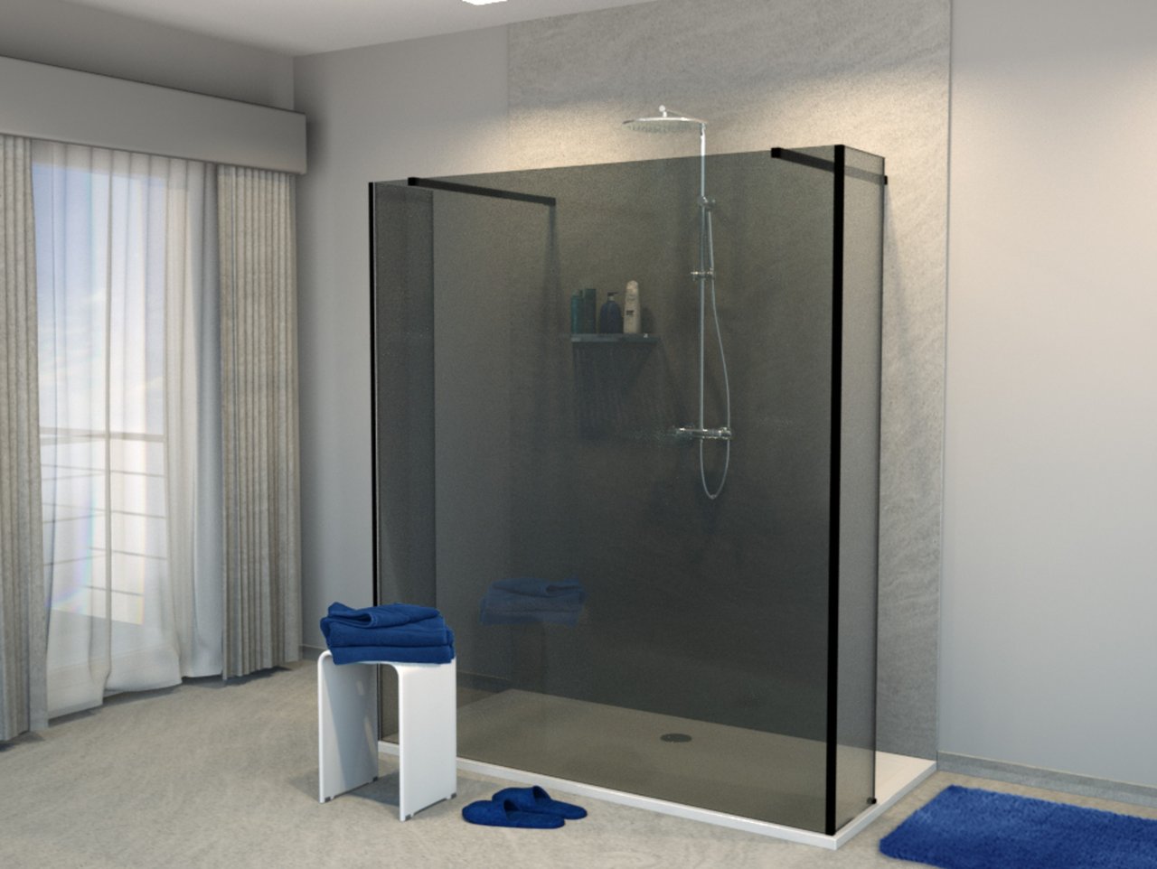 Balmani Modular inloopdouche met vrijstaande wand en vast paneel 180 x 200 cm rookglas mat zwart profiel