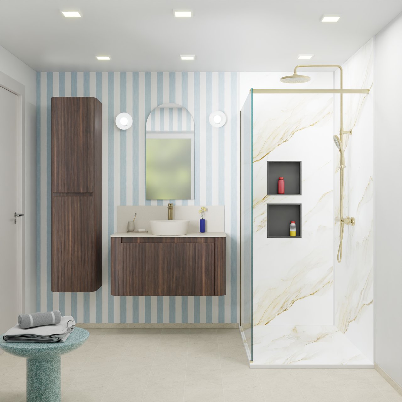 Storke Soft hängendes Möbelstück Set: 100 x 46 cm, Nussbaum, mit Tavola Soft Einzelwaschtischplatte Solid Surface Beige Granit, Vertikale symmetrische gerade Rippe