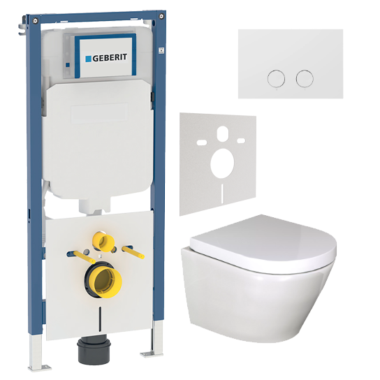 Luca Varess Calibro wc suspendu blanc brillant sans rebord compact avec Geberit Duofix UP720 Sigma bâti-support et plaque de commande