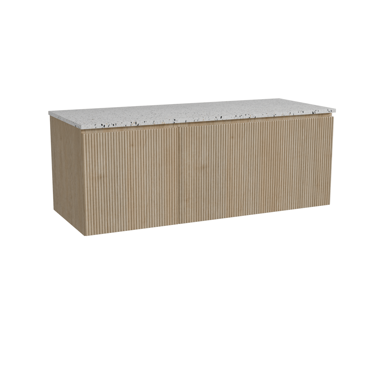 Storke Ribs meuble salle de bains suspendu 130 x 52 cm chêne brut avec Tavola tablette simple ou double en blanc/noir mat terrazzo, Nervure droite symétrique verticale