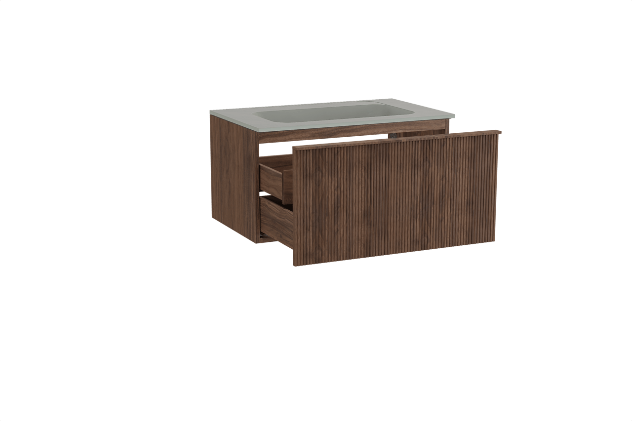 Balmani Forma hängendes Möbelstück Set: 90 x 55 cm, Amerikanischer Nussbaum, mit Tablo Strada Einzelwaschtisch, Marmorkomposit, Seidengrau, Vertikale symmetrische gerade Rippe