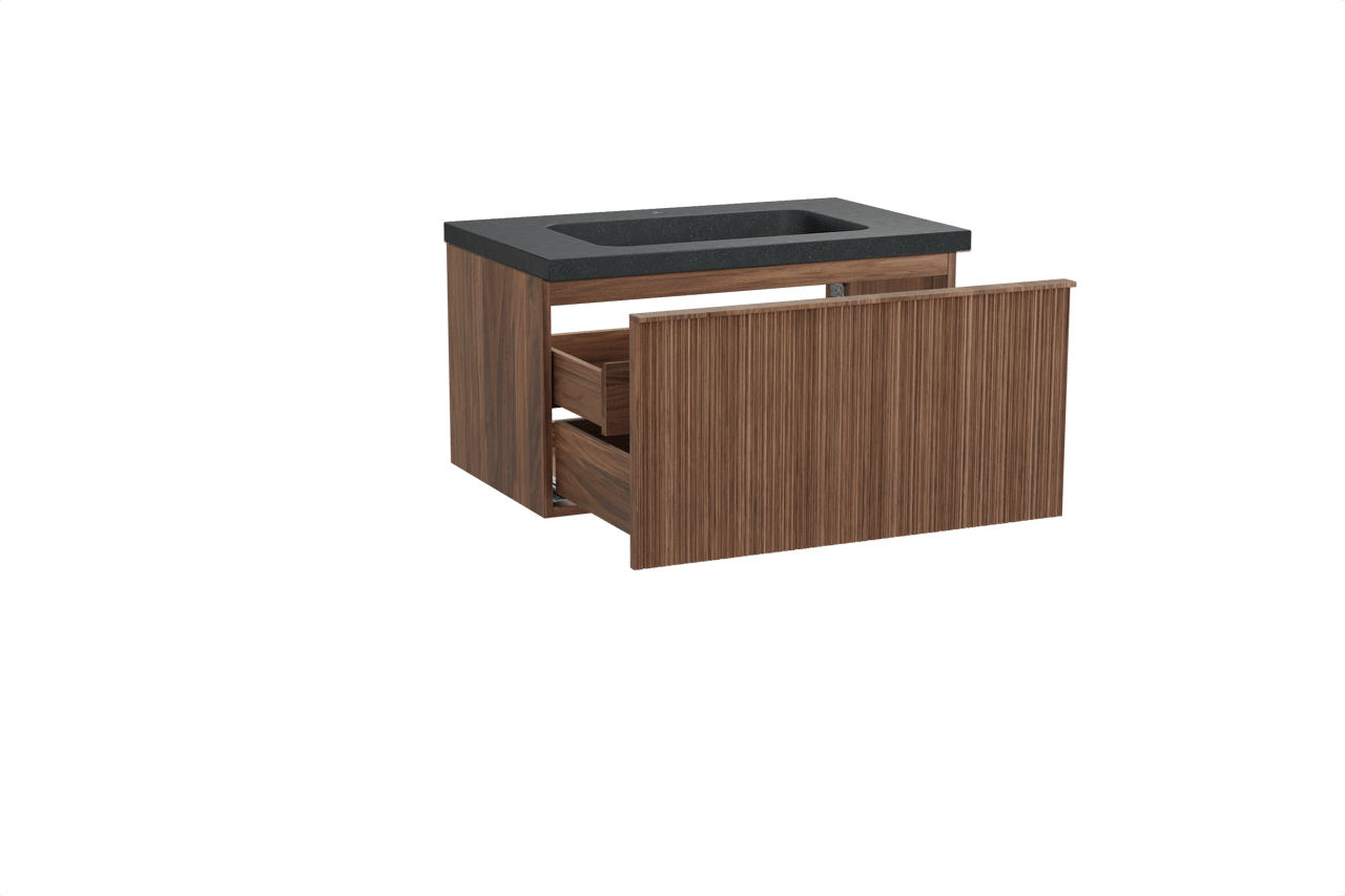 Balmani Forma zwevend badkamermeubel 90 x 55 cm amerikaanse notelaar met Napoli enkele wastafel in graniet zwart, Verticale asymmetrische ronde ribbel