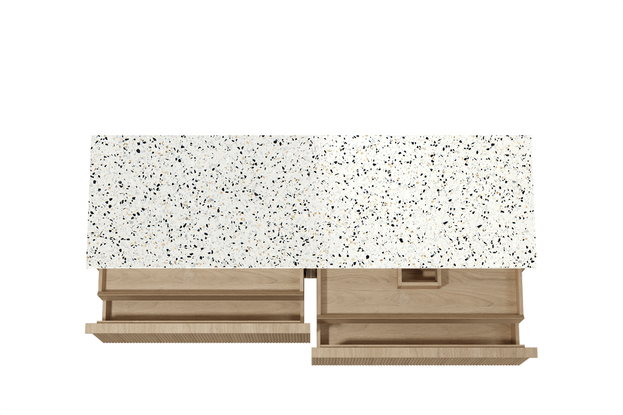 Balmani Forma zwevend badkamermeubel 180 x 55 cm natuur eik met Stretto enkel of dubbel tablet in mat wit/zwart terrazzo, Verticale symmetrische rechte ribbel