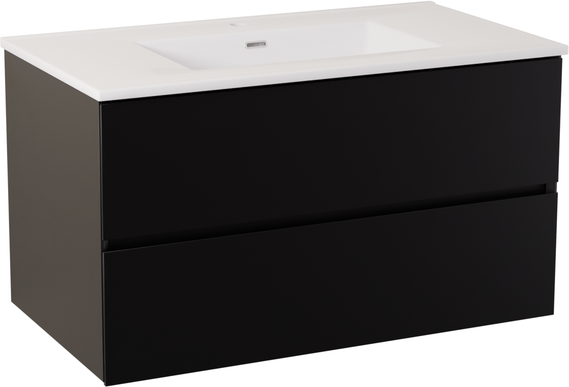 Storke Edge zwevend badmeubel 95 x 52 cm mat zwart met Kera enkele wastafel in porselein hoogglans wit, afvoerplug inbegrepen