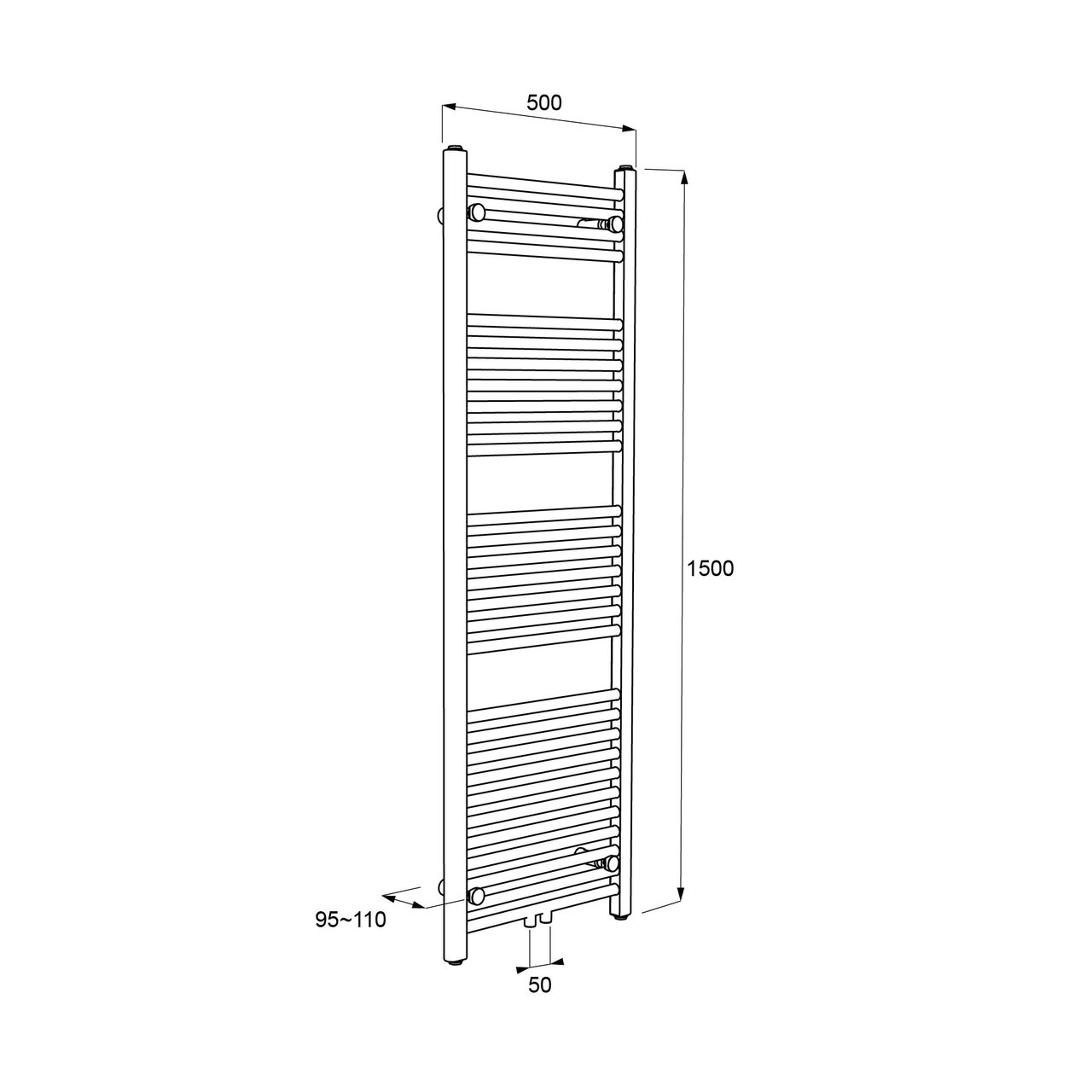 Vipera Kanza enkele handdoekradiator 50 x 150 cm elektrische verwarming mat wit zij- en middenaansluiting 679W, weerstand inbegrepen