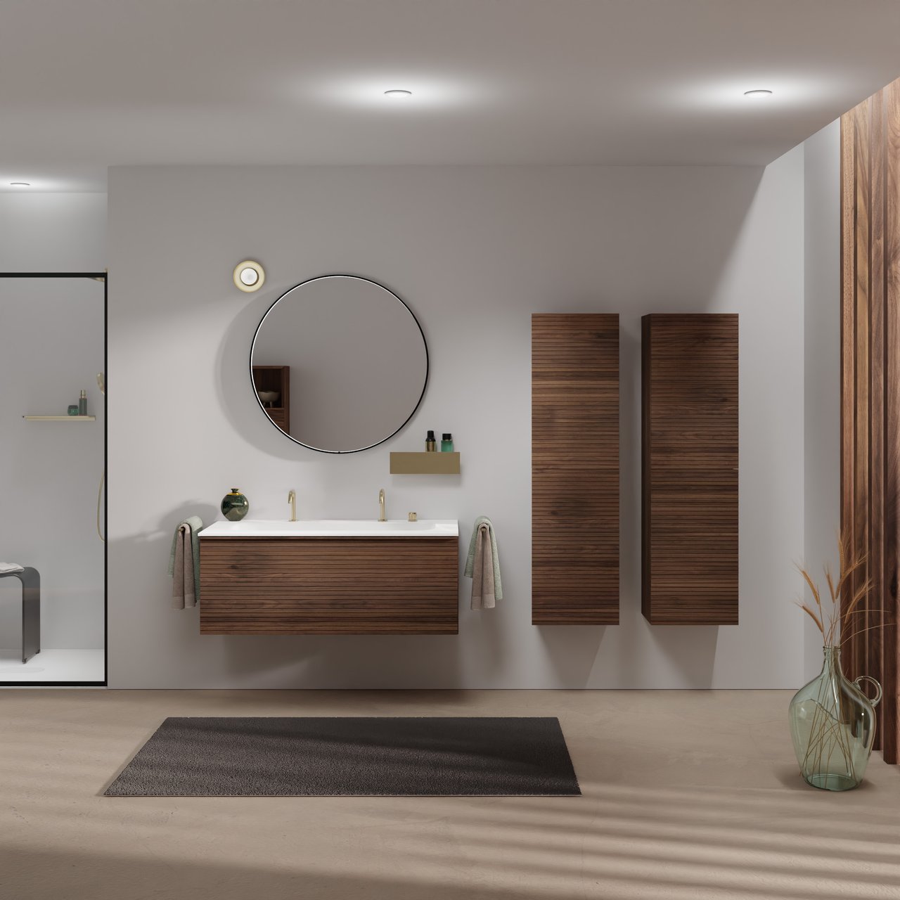 Balmani Forma zwevend badmeubel 120 x 55 cm amerikaans notenhout met Tablo Arcato enkele wastafel voor 2 kraangaten in solid surface mat wit, Horizontale symmetrische rechte ribbel