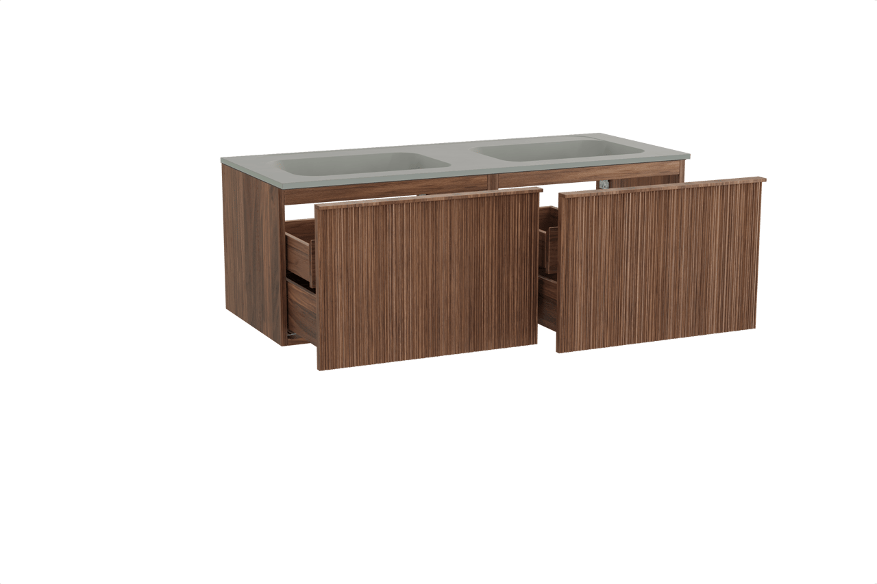 Balmani Forma zwevend badkamermeubel 135 x 55 cm amerikaanse notelaar met Tablo Strada dubbele wastafel in composietmarmer zijdegrijs, Verticale asymmetrische ronde ribbel