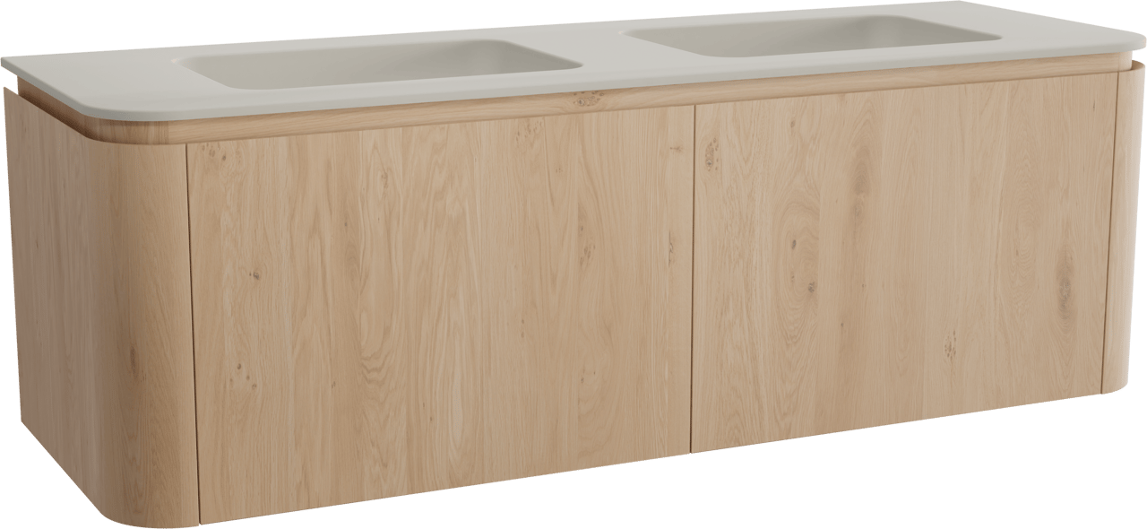 Balmani Moon hängendes Möbelstück Set: 160 x 55 cm, Naturbelassene Eiche, mit Moon Doppelwaschtisch, Top Solid Seidengrau