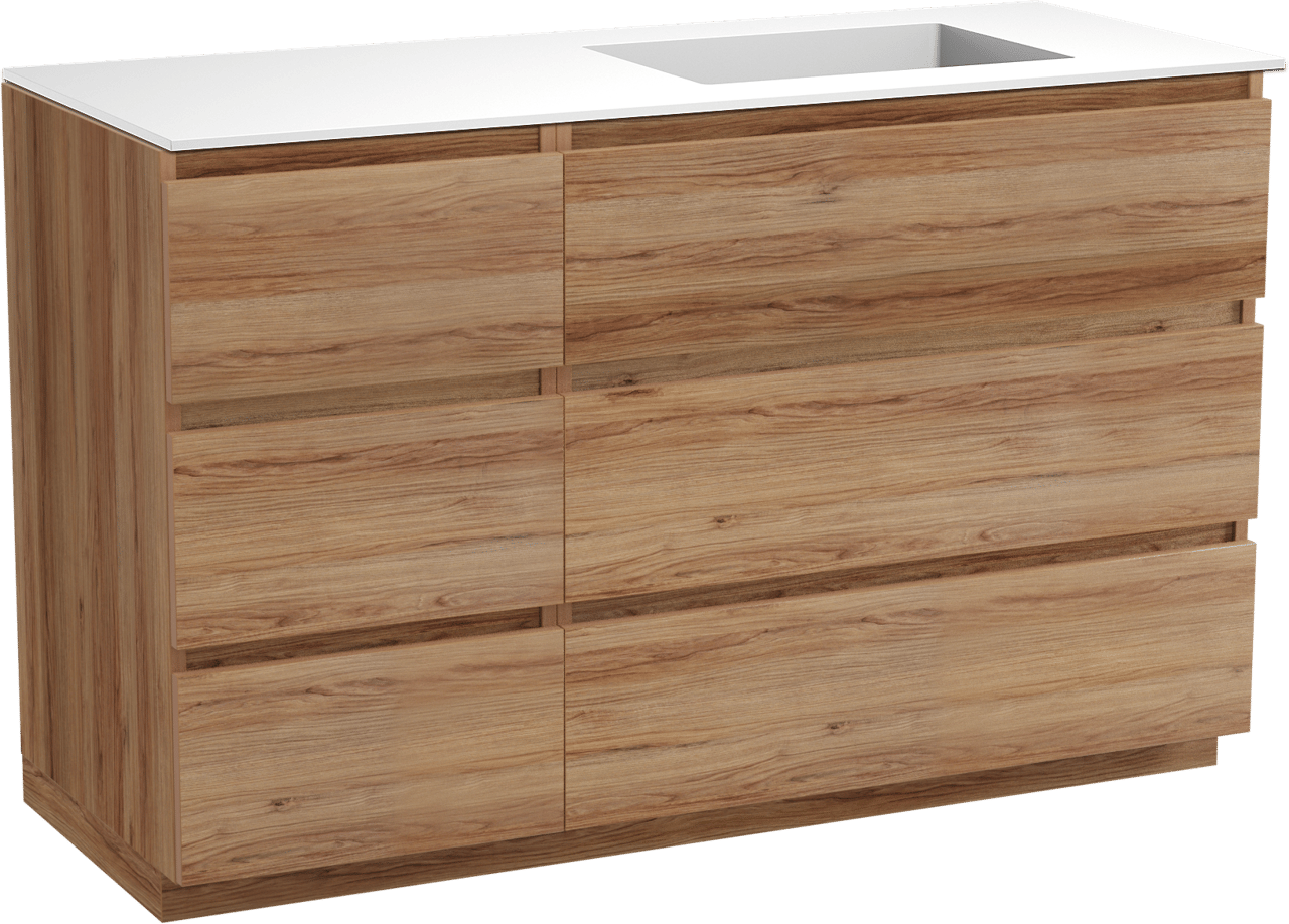 Balmani Lucida freistehendes Möbelstück Set: 135 x 55 cm, Teak, mit Tablo Stretto Waschtisch rechts, Solid Surface Weiß matt