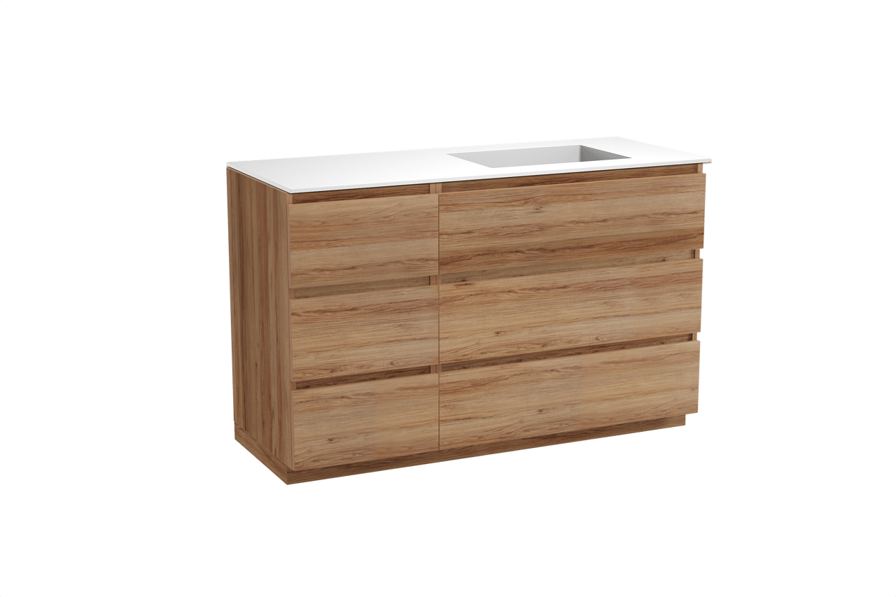 Balmani Lucida staand badkamermeubel 135 x 55 cm teak met Tablo Stretto asymmetrisch rechtse wastafel in solid surface mat wit