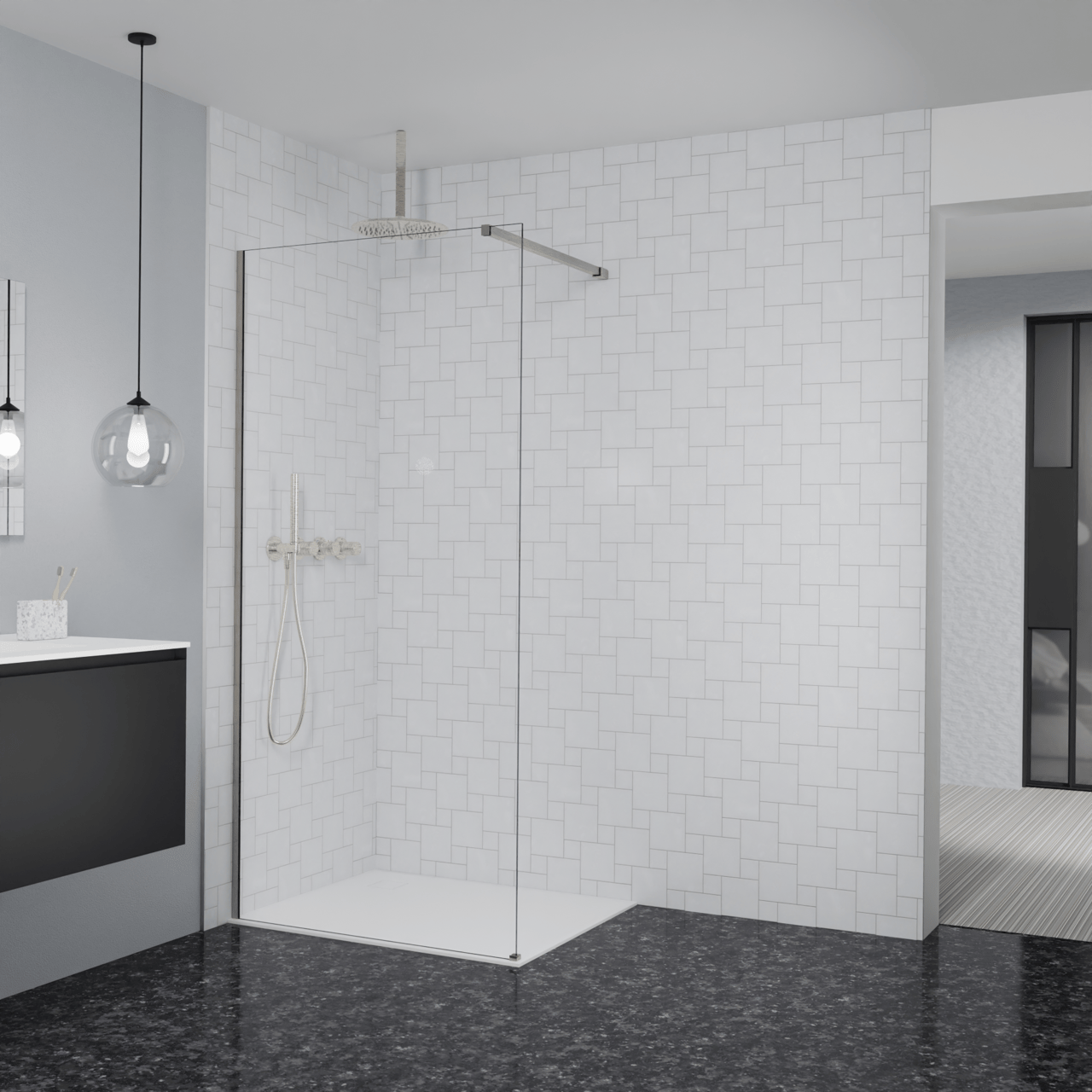 Balmani Modular douche à l'italienne: 100 x 200 cm, Verre transparent, avec coating, Profil Brushed CoolMetal