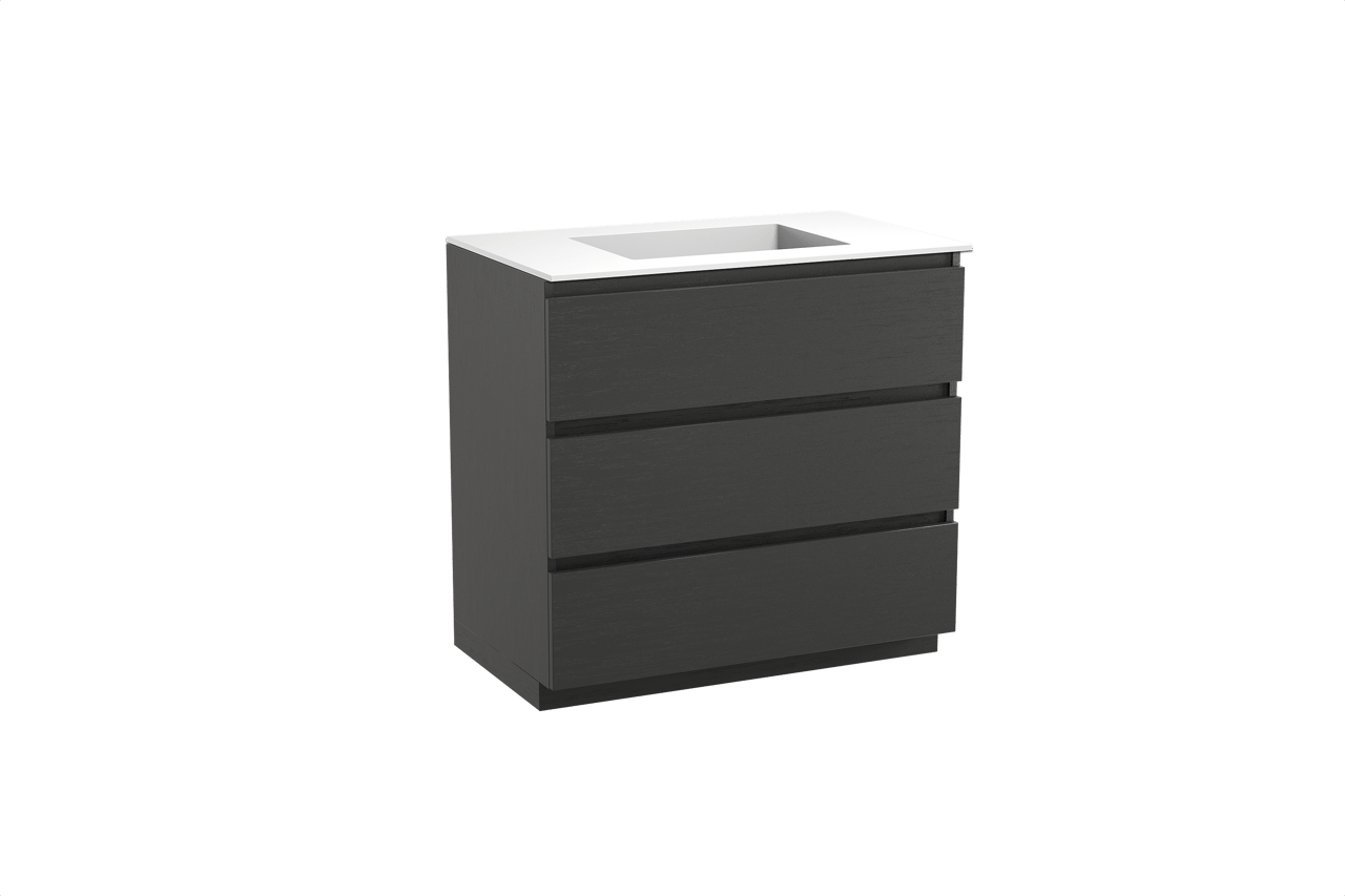 Balmani Lucida freistehendes Möbelstück Set: 90 x 55 cm, Schwarze Eiche, mit Tablo Stretto Einzelwaschtisch, Solid Surface Weiß matt