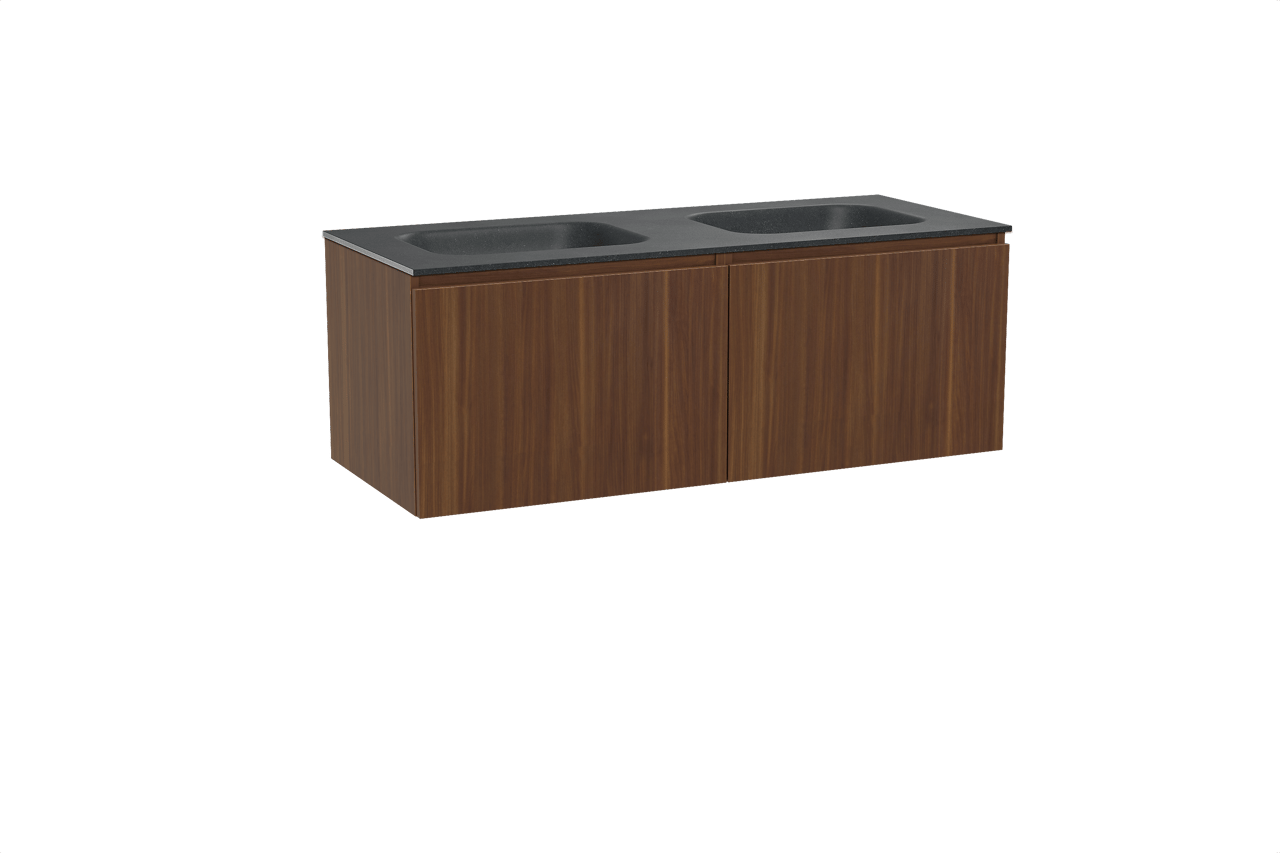 Balmani Sfera hängendes Möbelstück Set: 135 x 55 cm, Amerikanischer Nussbaum, mit Tablo Arcato Doppelwaschtisch, Schwarzes Granit