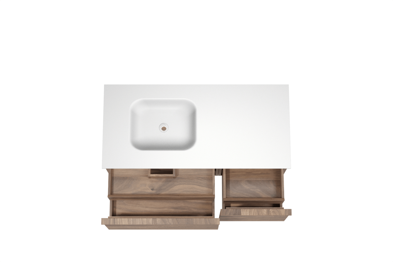 Balmani Forma meuble salle de bains suspendu 120 x 55 cm noyer américain avec Tablo Arcato plan vasque asymétrique à gauche en solid surface blanc mat, Nervure droite symétrique horizontale