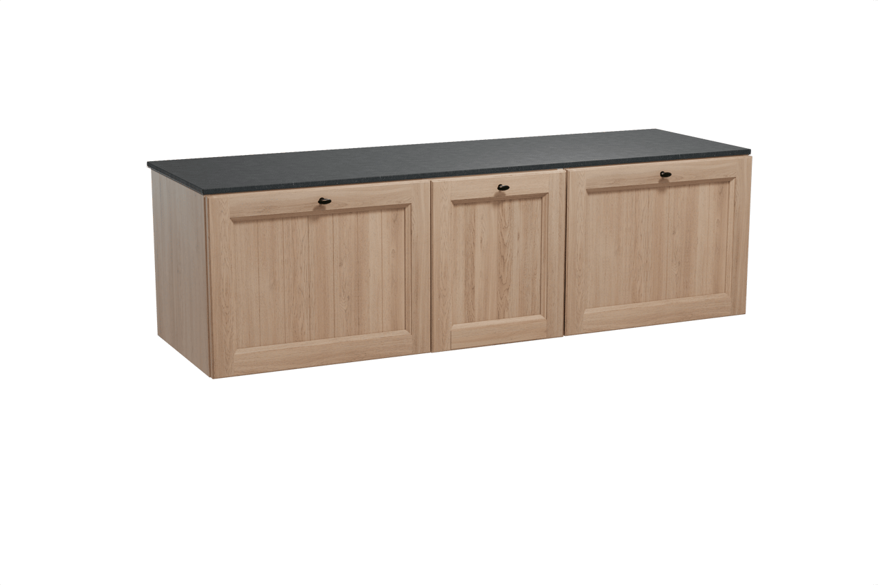 Balmani Lemon hängendes Möbelstück Set: 180 x 55 cm, Verwitterte Eiche, mit Stretto Einzel- oder Doppel Waschtischplatte, Schwarzes Granit