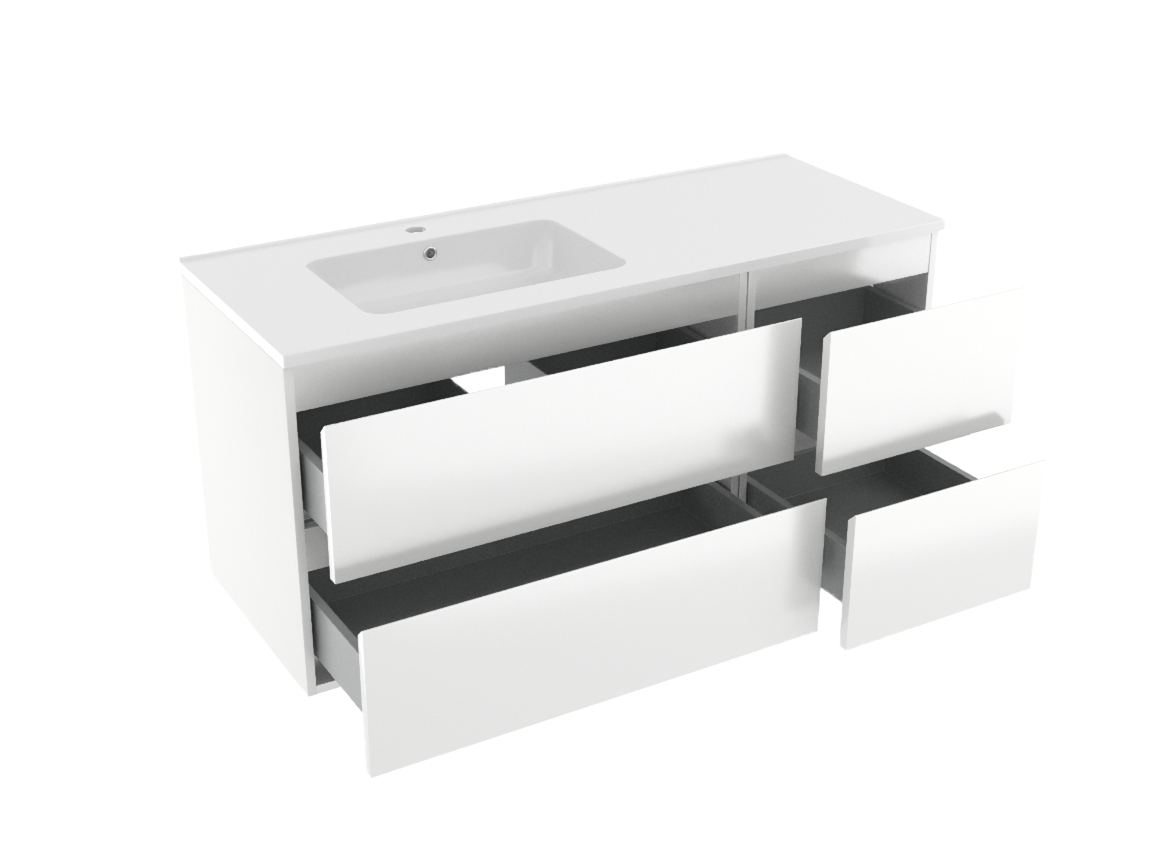 Linie Lado zwevend badkamermeubel 120 x 46 cm glanzend wit met Vano asymmetrisch linkse wastafel in composietmarmer glanzend wit