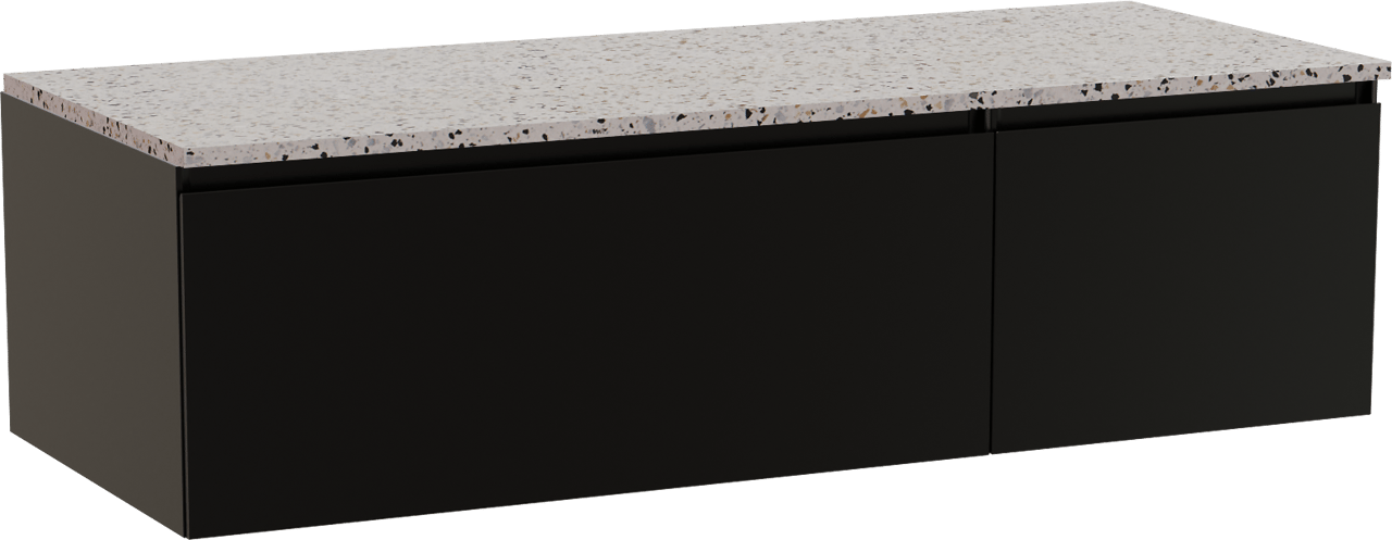 Storke Edge zwevend badmeubel 130 x 52 cm mat zwart met Tavola enkel of dubbel wastafelblad in mat wit/zwart terrazzo