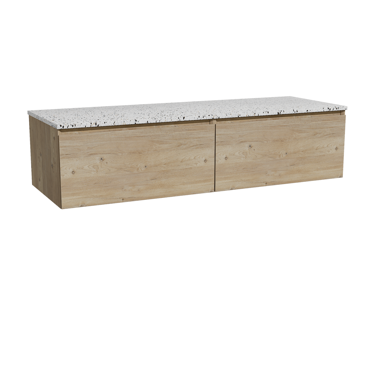 Storke Edge hängendes Möbelstück Set: 150 x 52 cm, Rohe Eiche, mit Tavola Einzel- oder Doppel Waschtischplatte, Terrazzo in Weiß/Schwarz matt