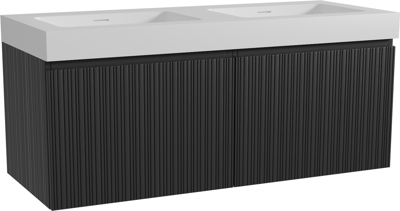 Storke Ribs zwevend badmeubel 130 x 52 cm zwart eiken met Mata High dubbele wastafel in solid surface mat wit, Verticale asymmetrische rechte ribbel