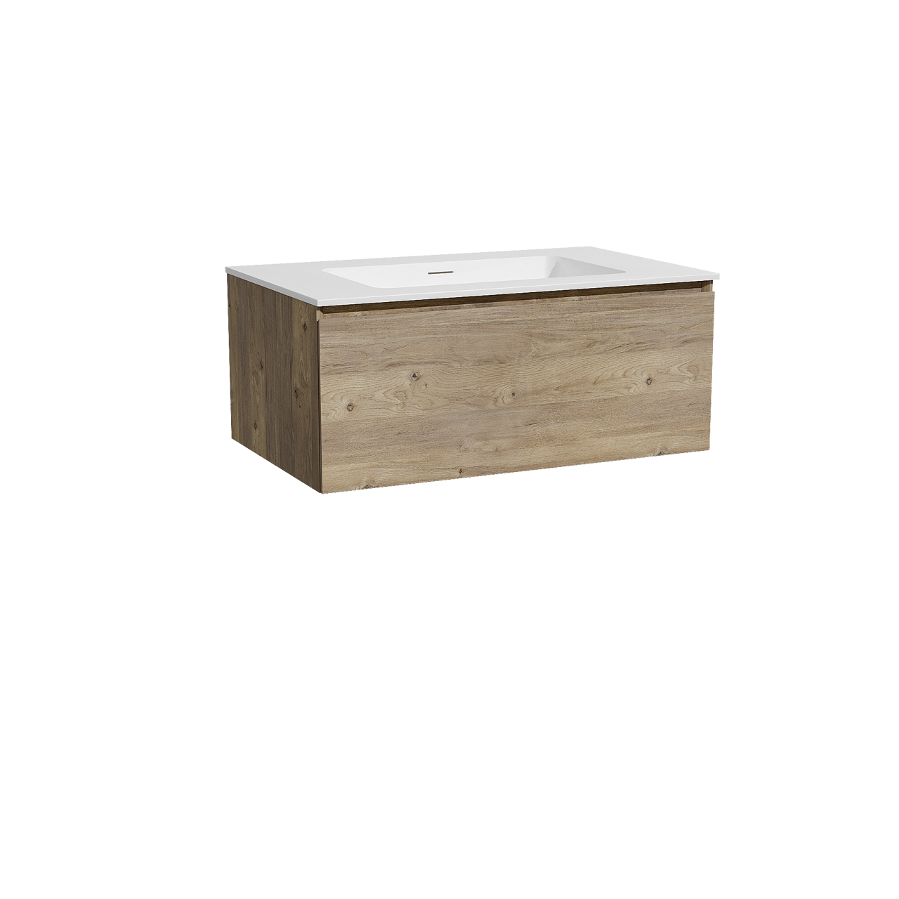 Storke Edge hängendes Möbelstück Set: 85 x 52 cm, Rohe Eiche, mit Mata Einzelwaschtisch, Solid Surface Weiß matt