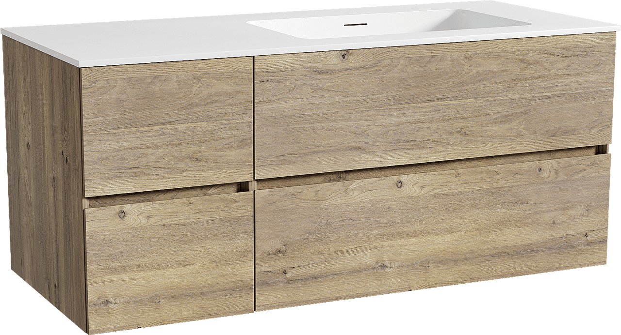 Storke Edge meuble salle de bains suspendu 120 x 52 cm chêne brut avec Mata plan vasque asymétrique à droite en solid surface blanc mat