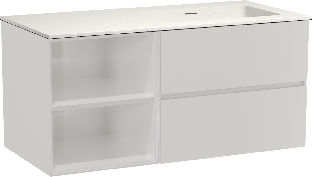 Storke Edge hängendes Möbelstück Set: 110 x 52 cm, Weiß glänzend, mit Mata Waschtisch rechts, Solid Surface Weiß matt