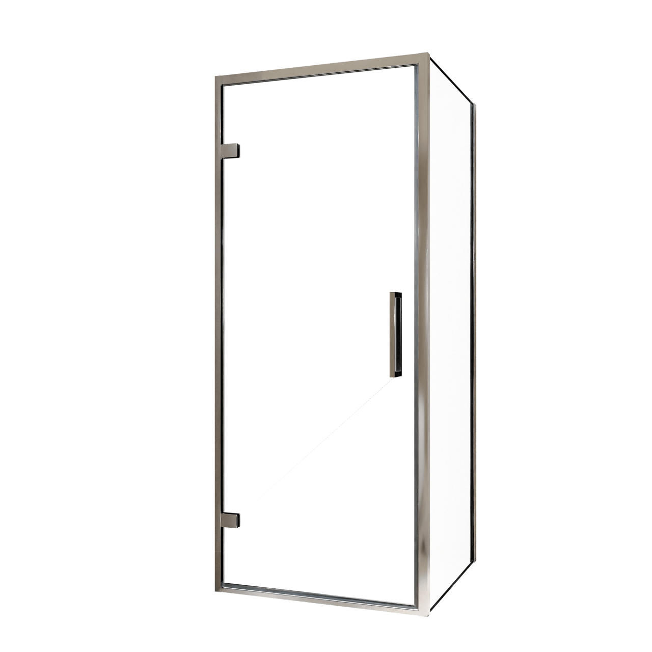 Balmani Senses Design douche en coin avec porte pivotante à gauche et paroi latérale fixe, 90 x 80 cm, Verre transparent, Profil chrome, coating inclus, coating inclus