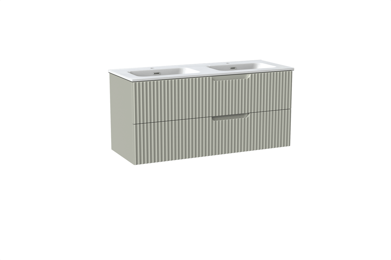 Linie Ribbo hängendes Möbelstück Set: 120 x 46 cm, Greige, mit Baro Doppelwaschtisch, Porzellan, Weiß glänzend, Vertikale symmetrische runde Rippe