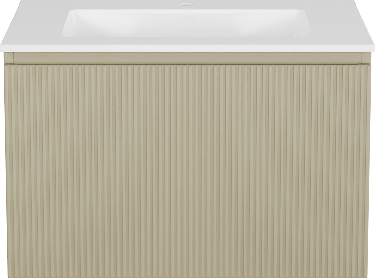 Storke Ribs meuble salle de bains suspendu 75 x 52 cm soie grise avec Bilia plan simple en marbre composite blanc brillant, Nervure droite symétrique verticale