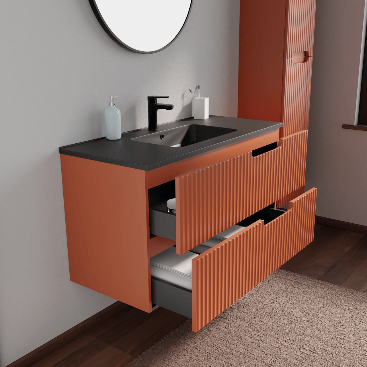 Linie Ribbo meuble salle de bains suspendu 100 x 46 cm cotto avec Vano plan simple en marbre composite noir mat, Nervure circulaire symétrique verticale