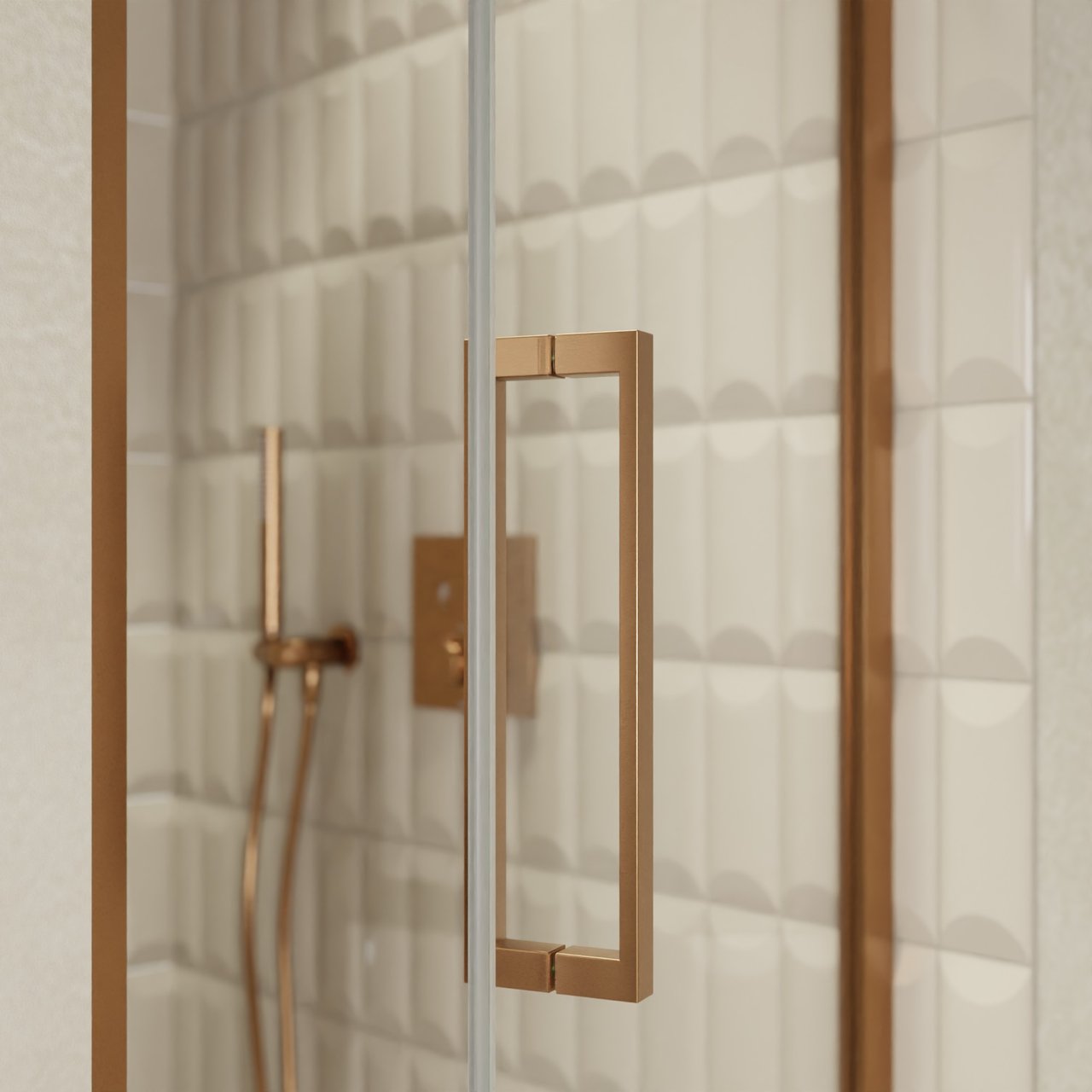 Balmani Senses Design porte pivotante à droite 90 cm x 210 cm verre transparent, Profil Brushed Rosegold, coating inclus