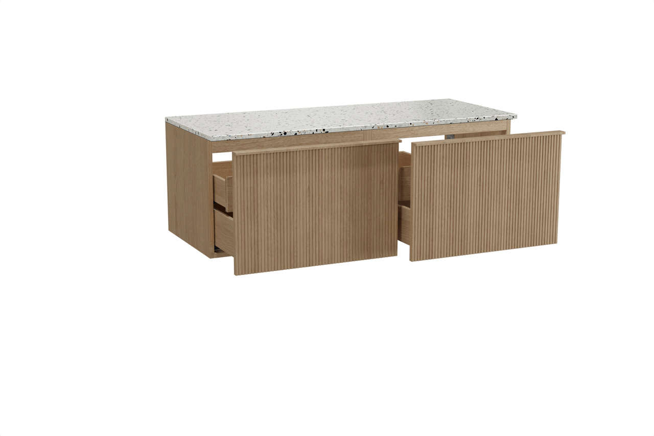 Balmani Forma meuble salle de bains suspendu 135 x 55 cm chêne naturel avec Stretto tablette simple ou double en blanc/noir mat terrazzo, Nervure droite symétrique verticale